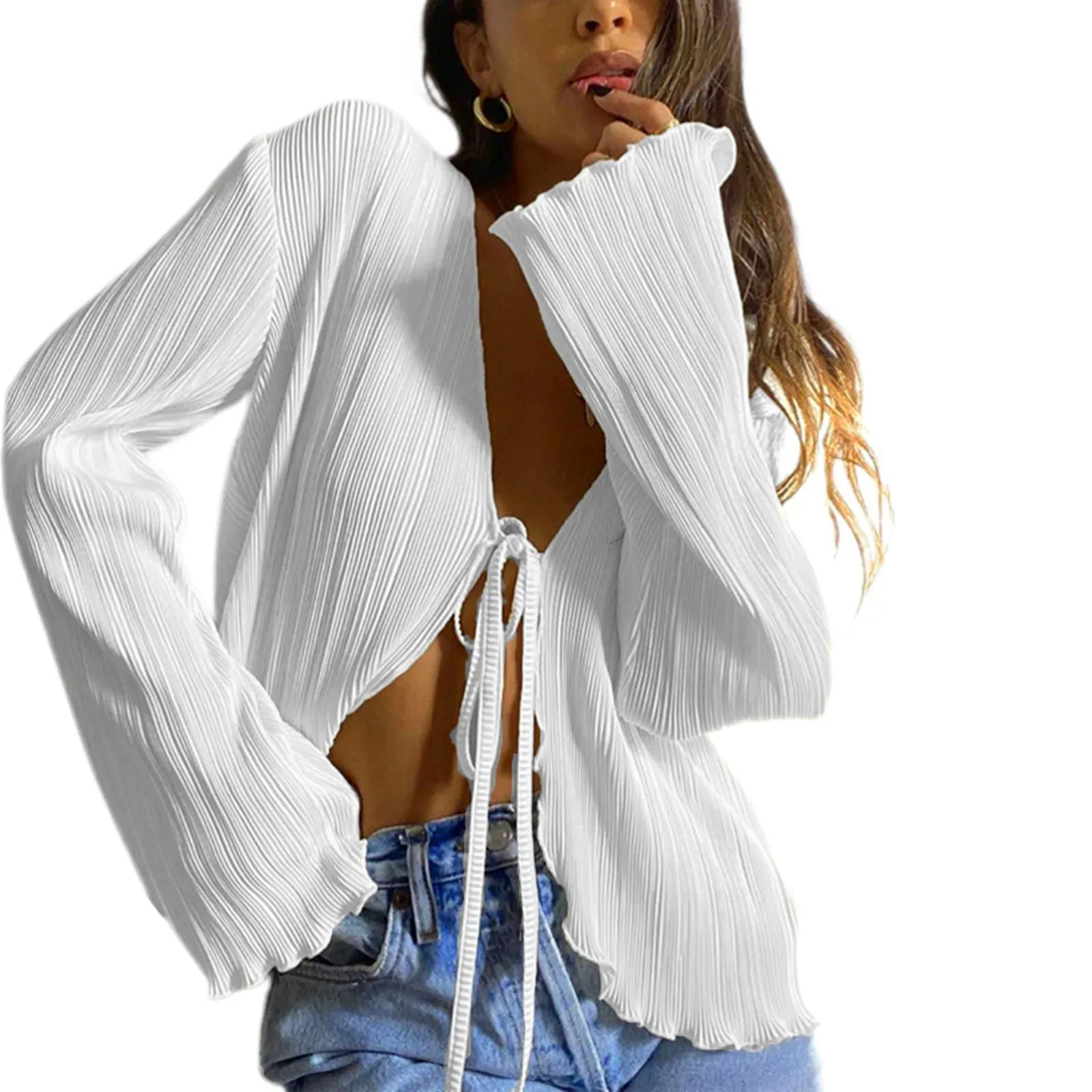 Advbridge  Women Solid Color Striped Cardigan Shirts Long Flare Sleeve Lace-up Deep V Neck Ruffled Tops Casual Party Slit Blouse