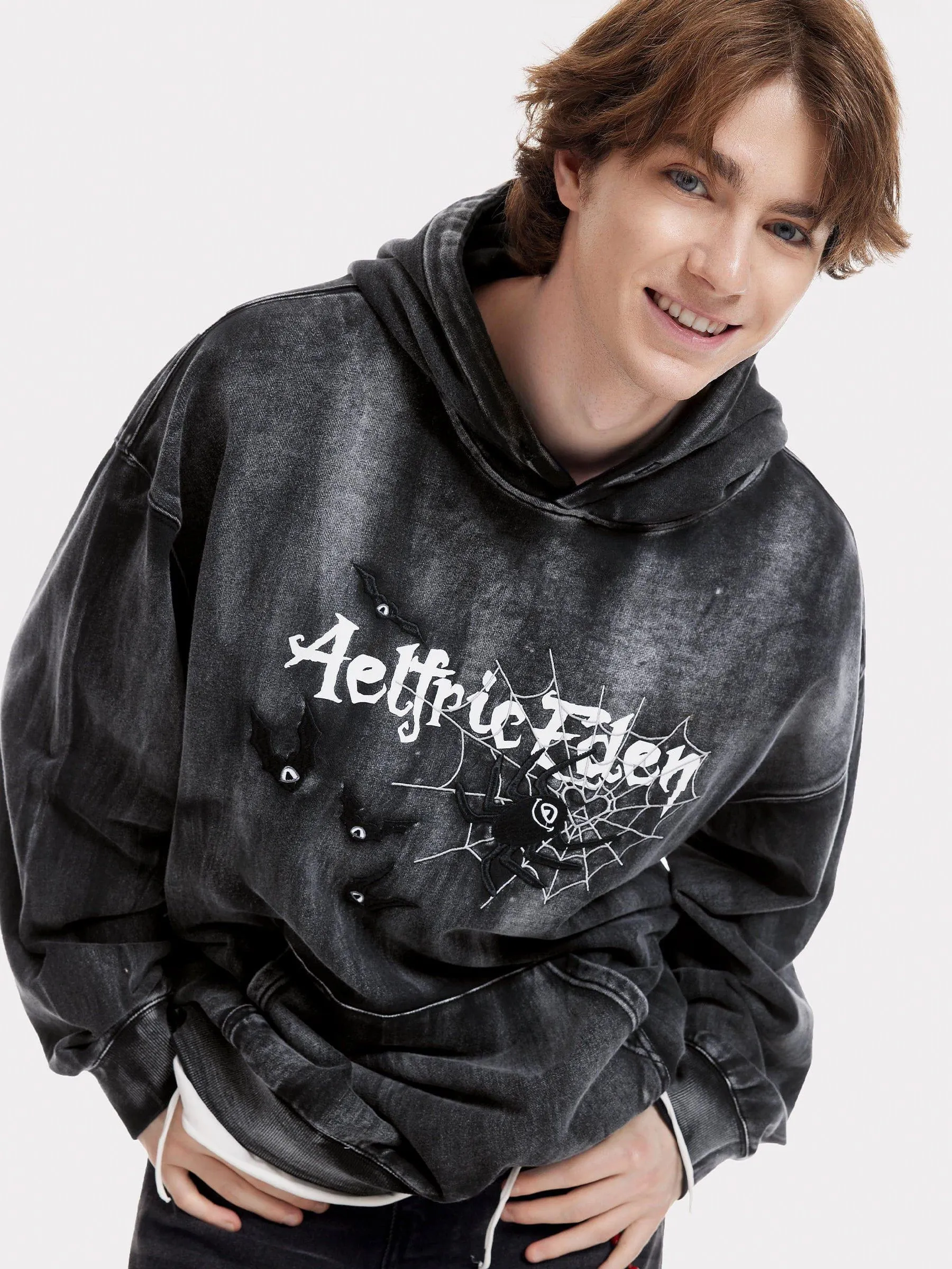 Aelfric Eden Embroidery Bat Spider Washed Hoodie