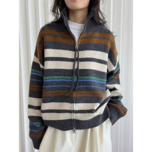 Amozae-Autumn Casual Outfits Amozae-Winter Striped Stand Up Collar Cotton Wool Sweater Cardigan Soft Skin Friendly Top for Women