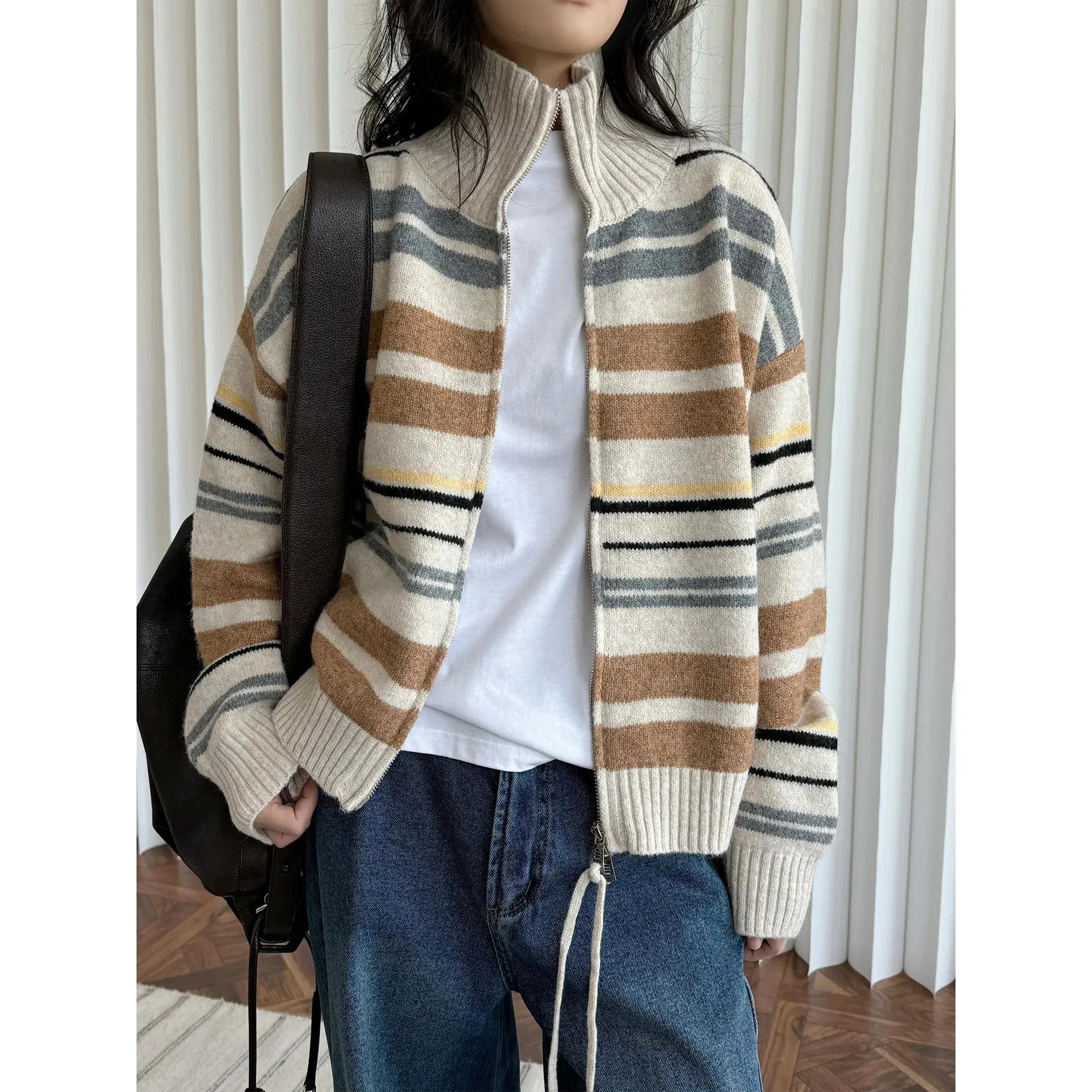 Amozae-Autumn Casual Outfits Amozae-Winter Striped Stand Up Collar Cotton Wool Sweater Cardigan Soft Skin Friendly Top for Women