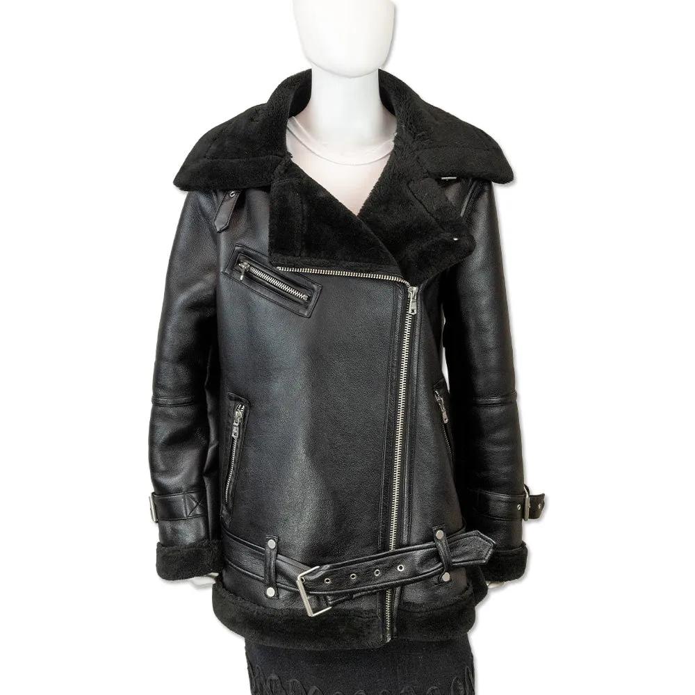 Avec Les Filles Black Faux Shearling Leather Biker Jacket