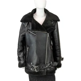 Avec Les Filles Black Faux Shearling Leather Biker Jacket