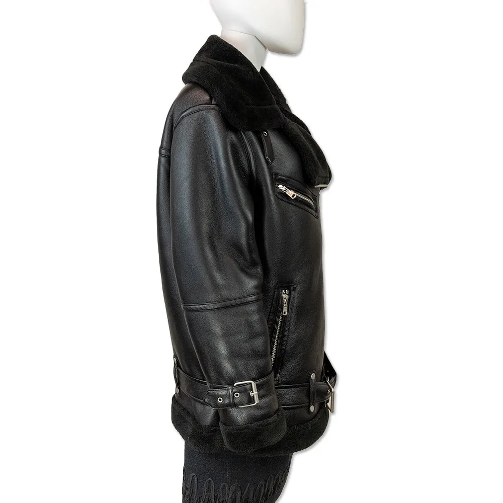 Avec Les Filles Black Faux Shearling Leather Biker Jacket