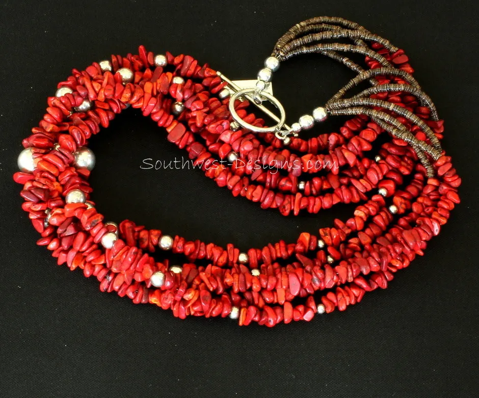 Bamboo Coral Chip 5-Strand Necklace with 41 Sterling Silver Rounds, Olive Shell Heishi, and a Sterling Silver Toggle Clasp