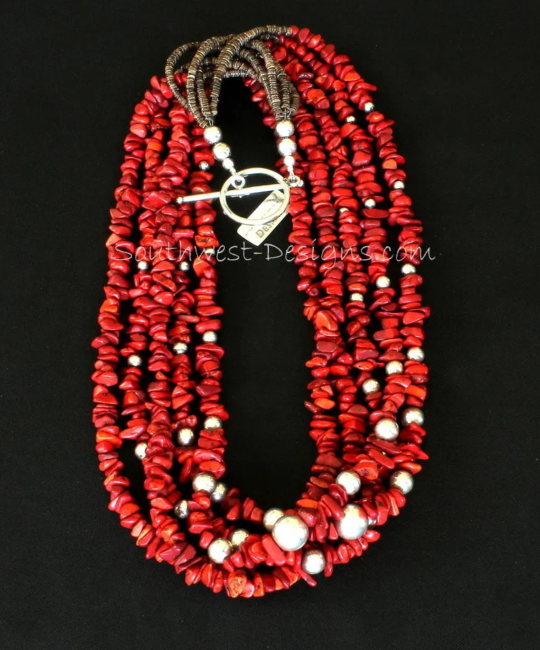 Bamboo Coral Chip 5-Strand Necklace with 41 Sterling Silver Rounds, Olive Shell Heishi, and a Sterling Silver Toggle Clasp