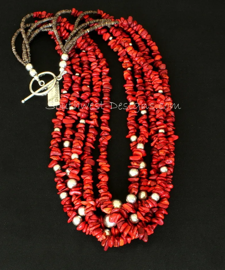 Bamboo Coral Chip 5-Strand Necklace with 41 Sterling Silver Rounds, Olive Shell Heishi, and a Sterling Silver Toggle Clasp