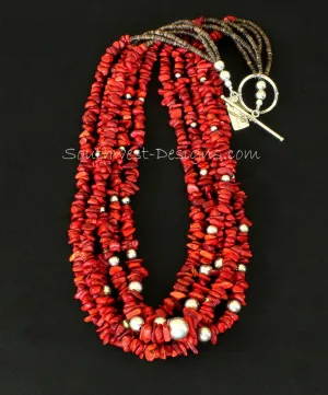 Bamboo Coral Chip 5-Strand Necklace with 41 Sterling Silver Rounds, Olive Shell Heishi, and a Sterling Silver Toggle Clasp