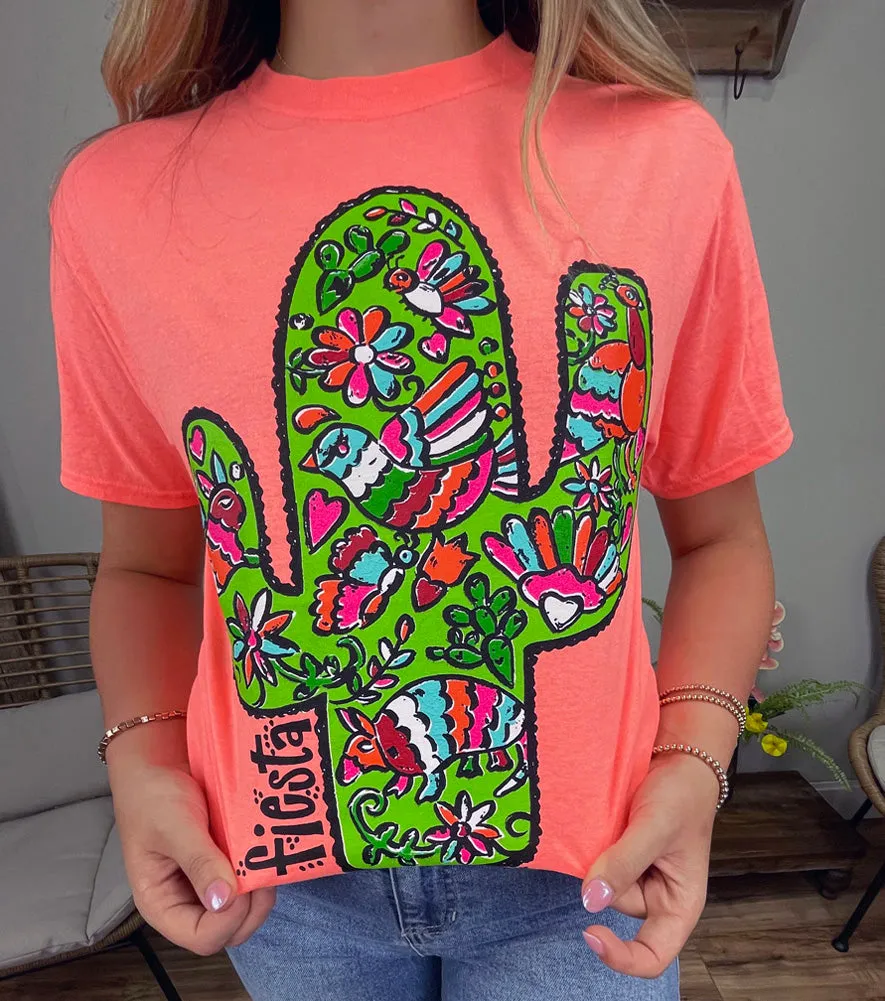 Barbara's Fiesta Cactus Tee in Retro Heather Coral by Texas True Threads