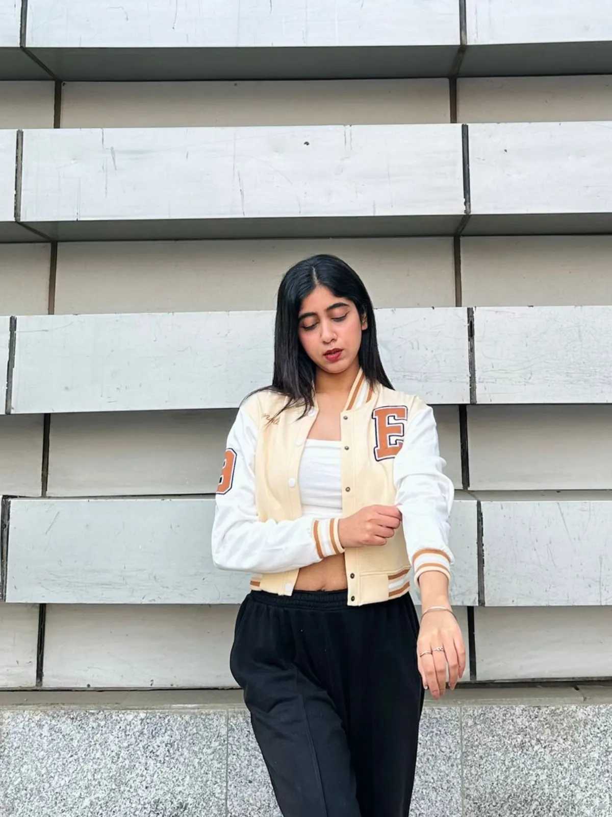 Beige crop varsity jacket