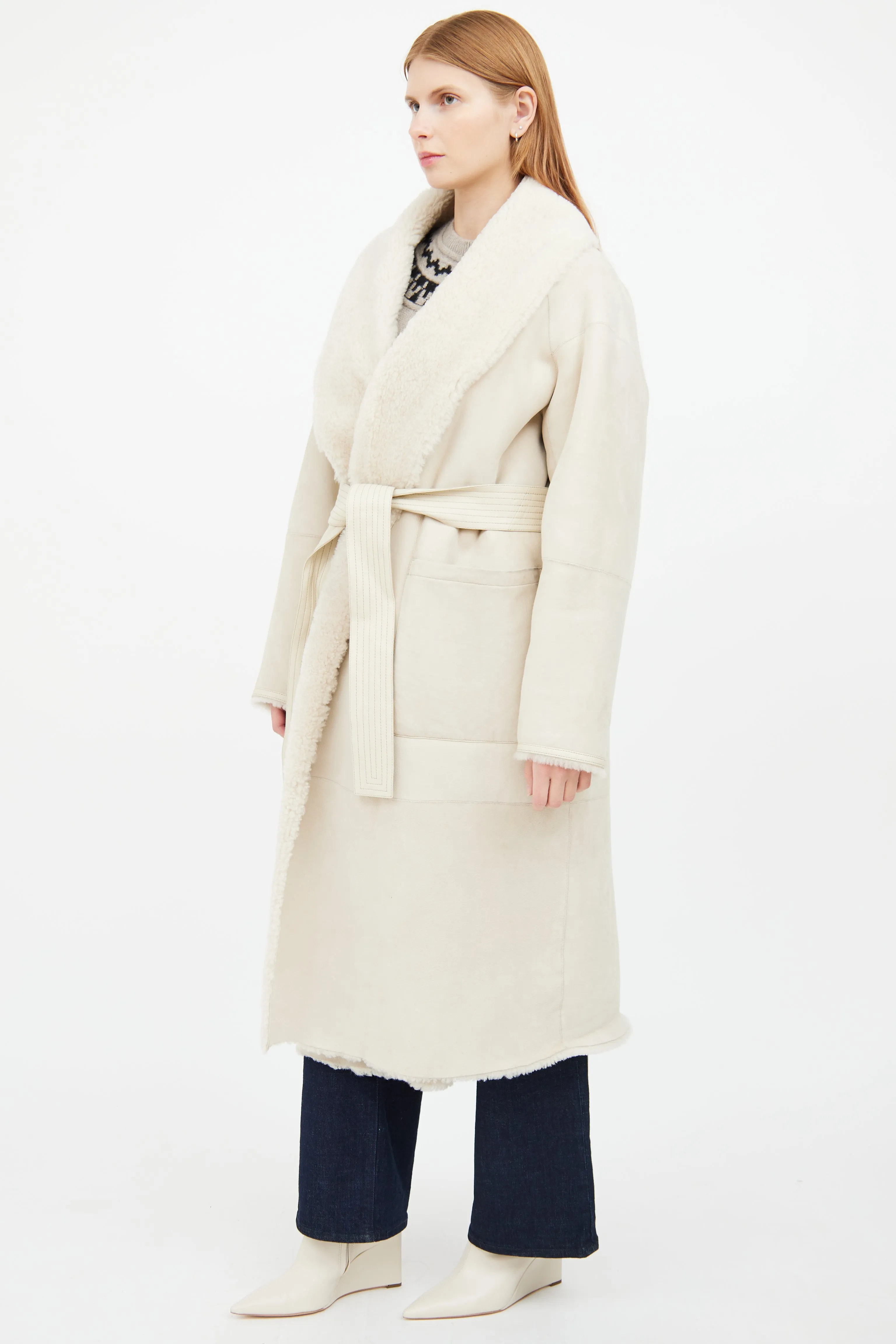 Beige Hana Suede Shearling Robe Coat