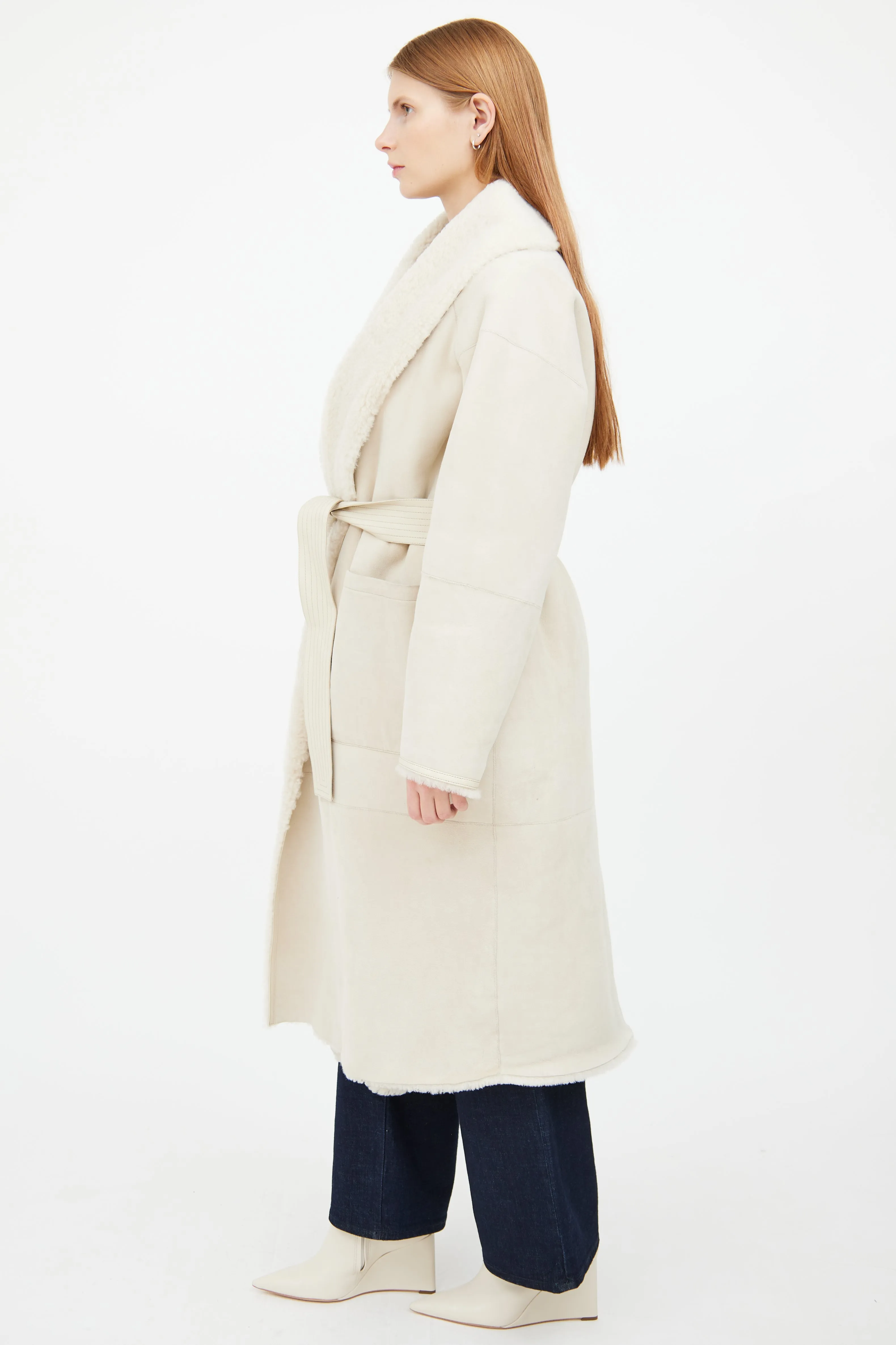 Beige Hana Suede Shearling Robe Coat