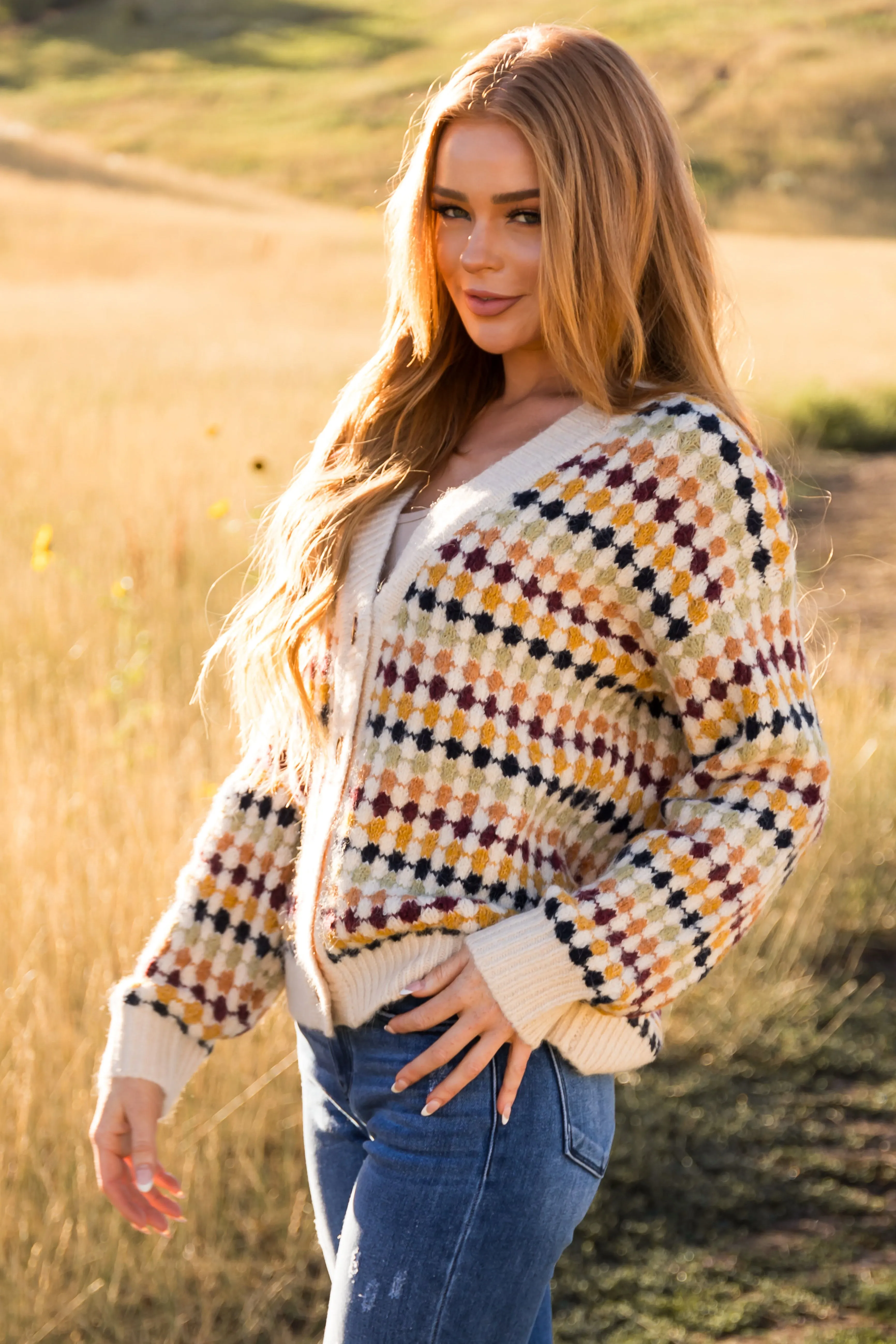 Beige Multicolor Botton Down Sweater Cardigan