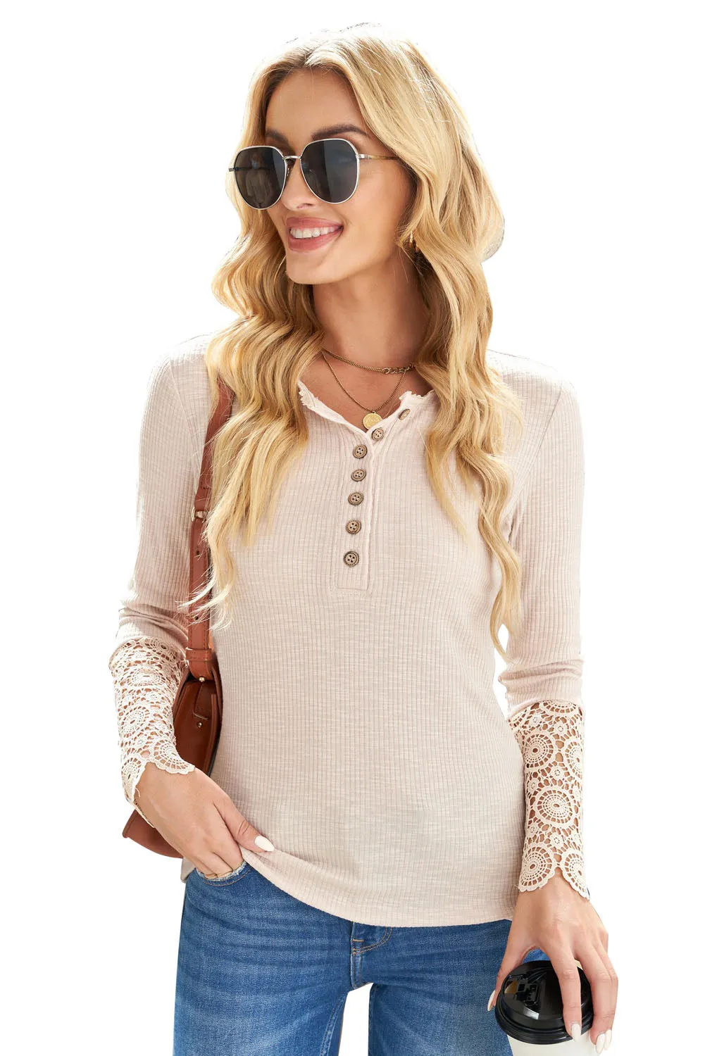 Beige Ribbed Lace Crochet Long Sleeve Henley Shirt for Women