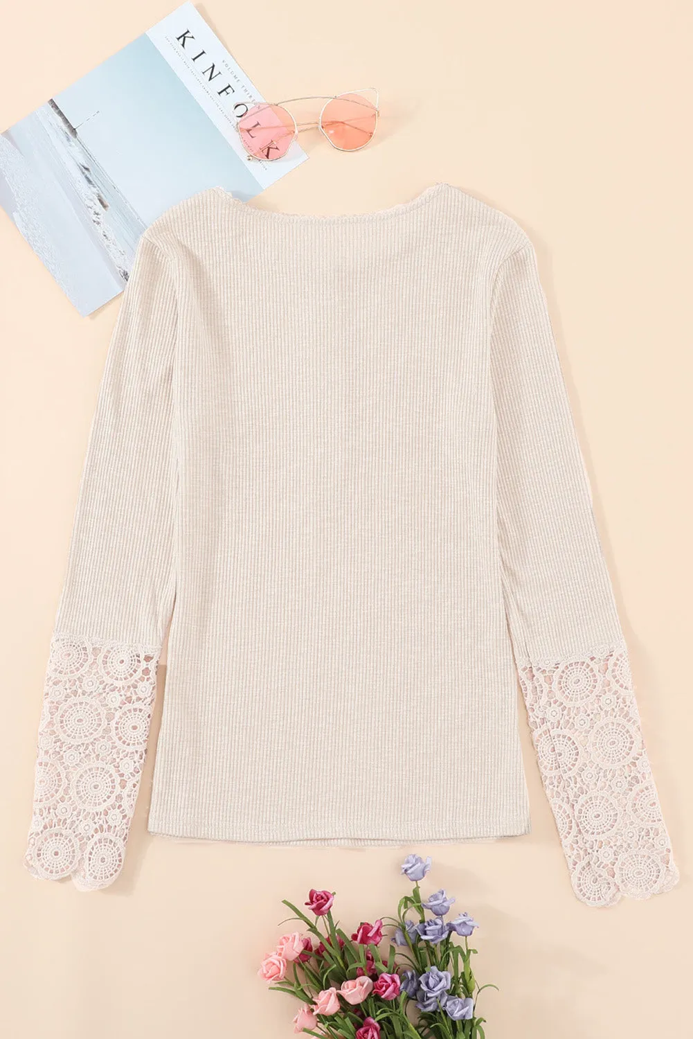 Beige Ribbed Lace Crochet Long Sleeve Henley Shirt for Women