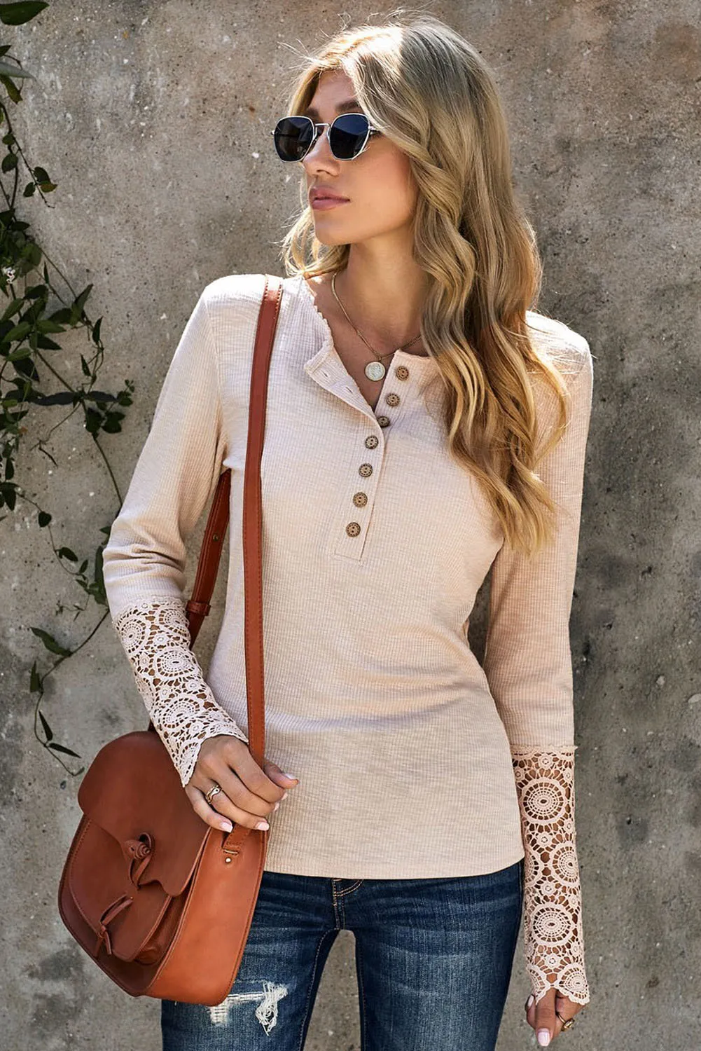 Beige Ribbed Lace Crochet Long Sleeve Henley Shirt for Women