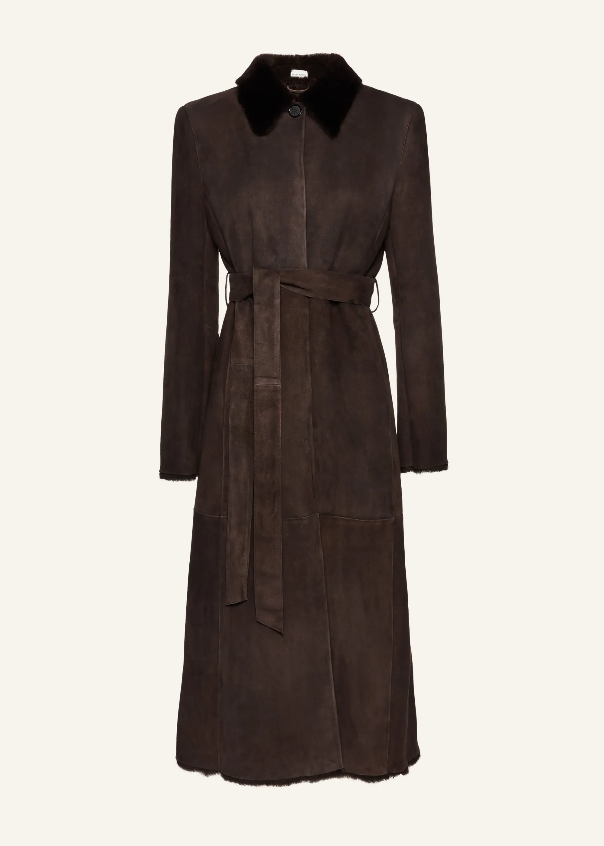 Belted shearling coat in brown