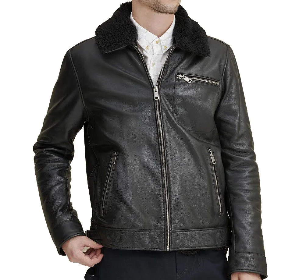 Black Aviator Leather Jacket w/ Faux Shearling Collar - Jules