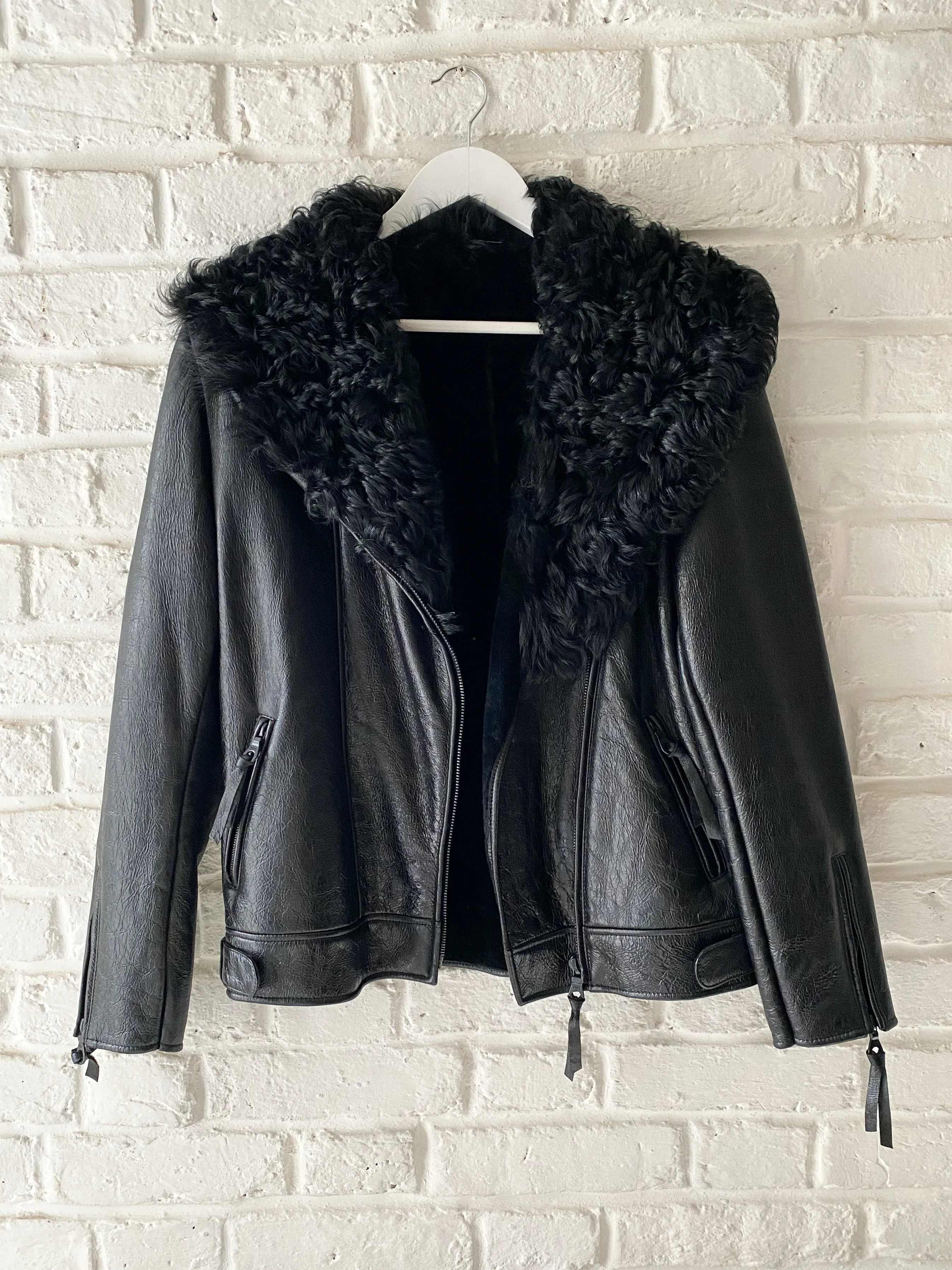 Black Leather Shearling Biker Jacket