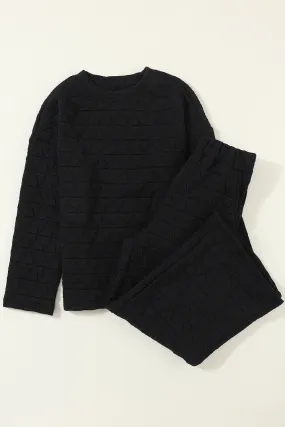 Black Solid Quilted Pullover and Pants Outfit