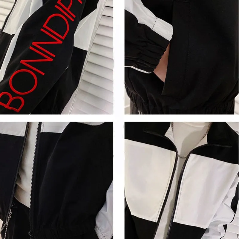 Black White Long Sleeves Polyester Jacket