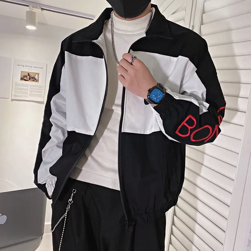 Black White Long Sleeves Polyester Jacket