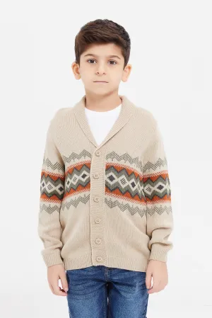 Boys Beige Shawl Neck Cardigan