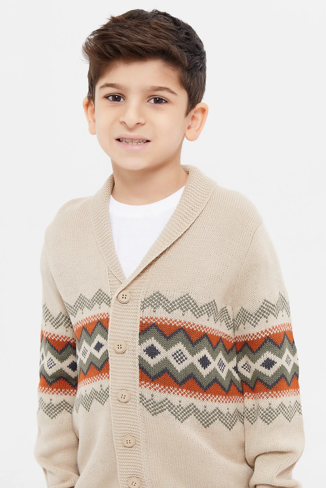 Boys Beige Shawl Neck Cardigan