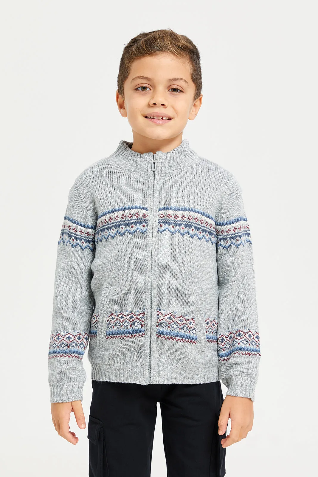 Boys Grey Zip Thru Chenille Cardigan