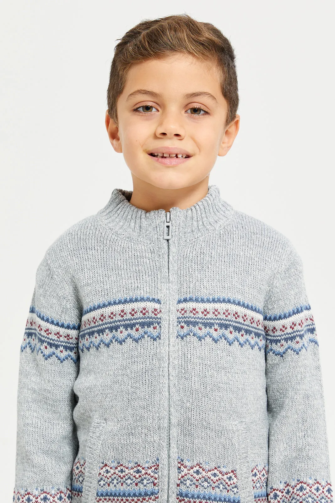 Boys Grey Zip Thru Chenille Cardigan