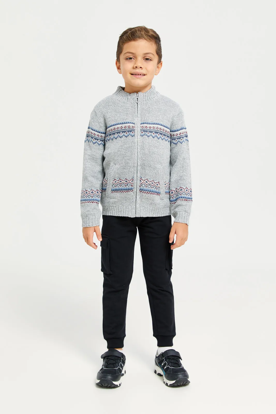 Boys Grey Zip Thru Chenille Cardigan