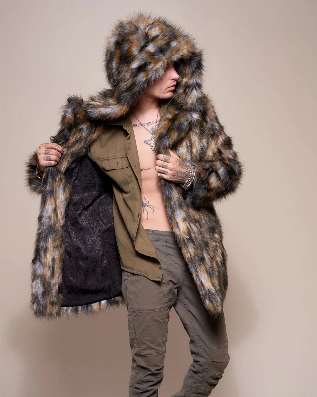 Brindle Wolf Hooded Faux Fur Coat | Men's