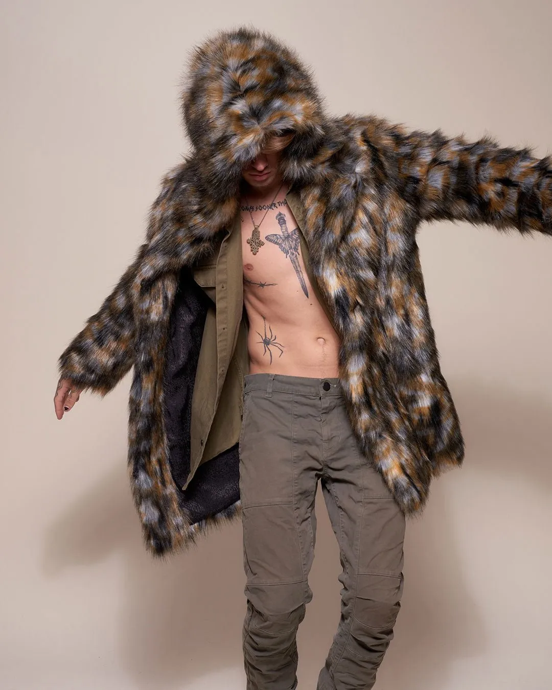 Brindle Wolf Hooded Faux Fur Coat | Men's