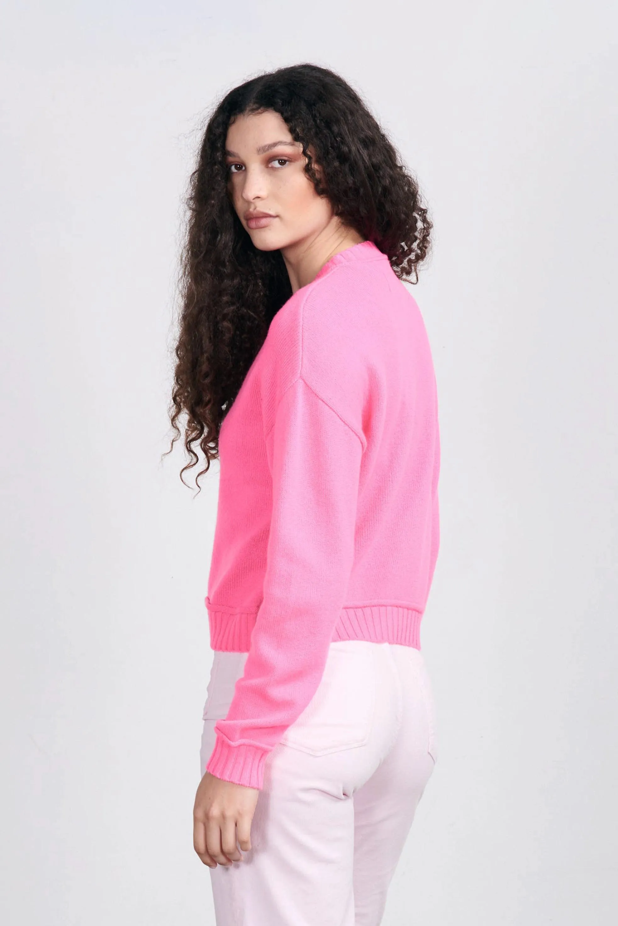 Cashmere Boxy Crew Cardigan in Neon Pink