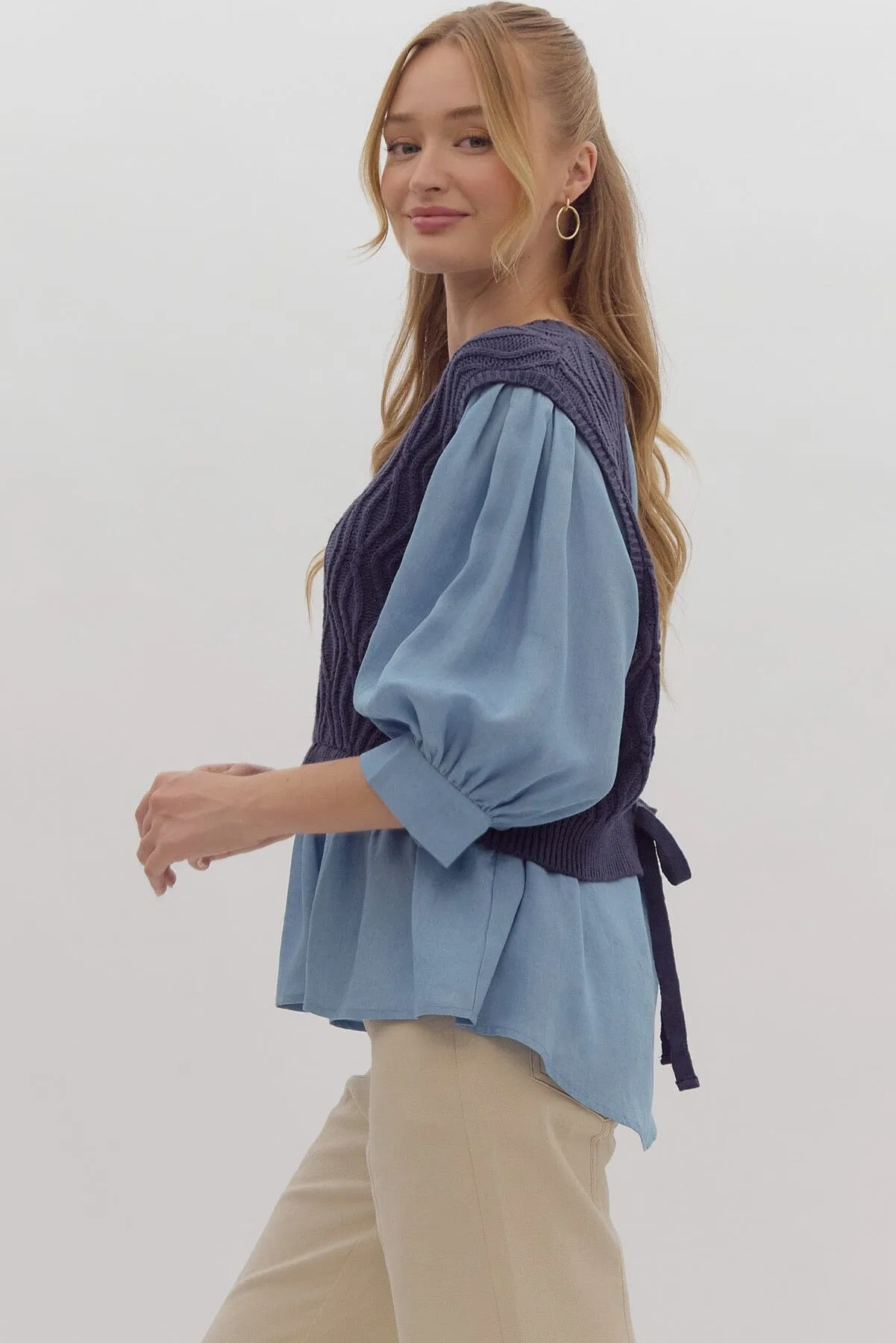 CHAMBRAY SHIRT WITH ATTACHED OPEN BACK TIE  BACK VEST