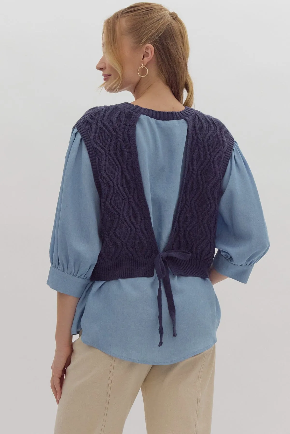 CHAMBRAY SHIRT WITH ATTACHED OPEN BACK TIE  BACK VEST