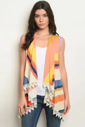 Coral Pink Stripe Cardigan Vest