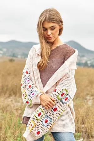 Crochet Floral Printed Long Sleeve Knit Cardigan - FASHIONGO