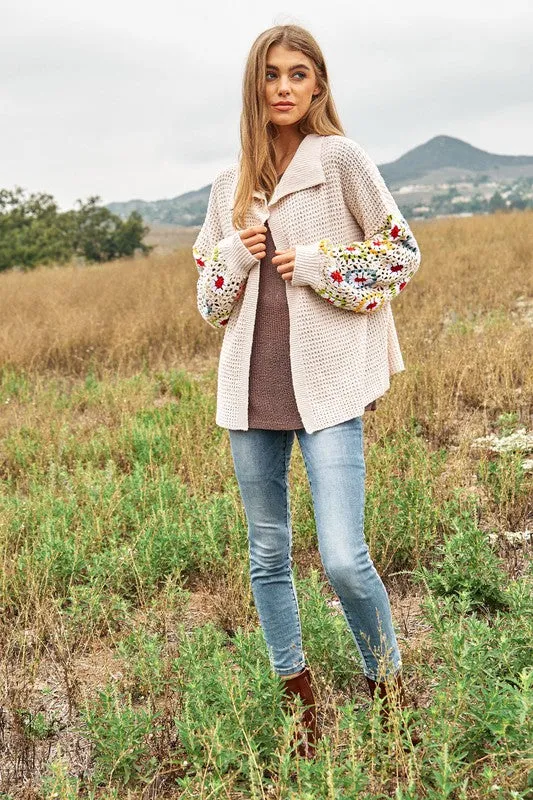 Crochet Floral Printed Long Sleeve Knit Cardigan - FASHIONGO