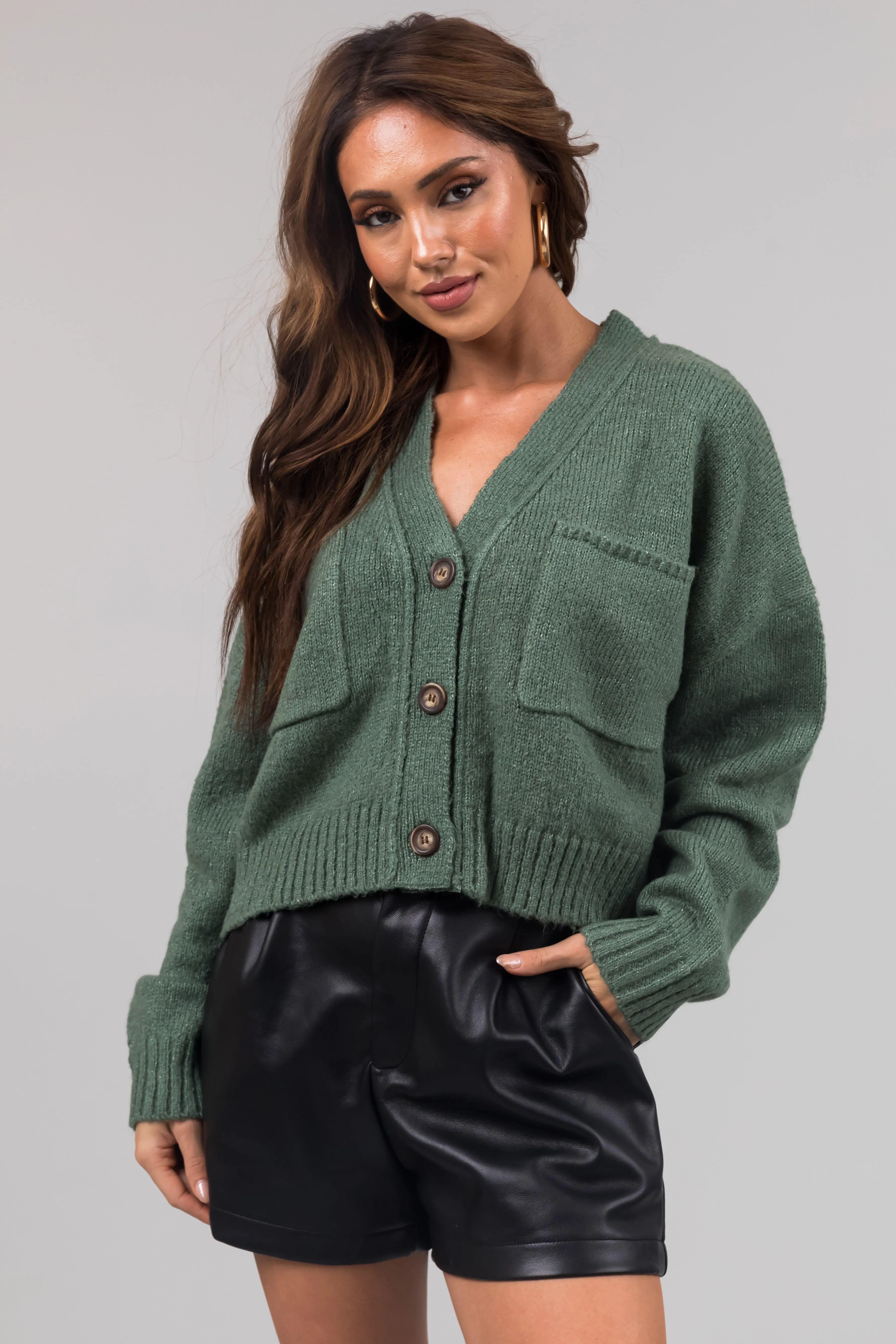 Dark Sage Button Up Long Sleeve Cardigan