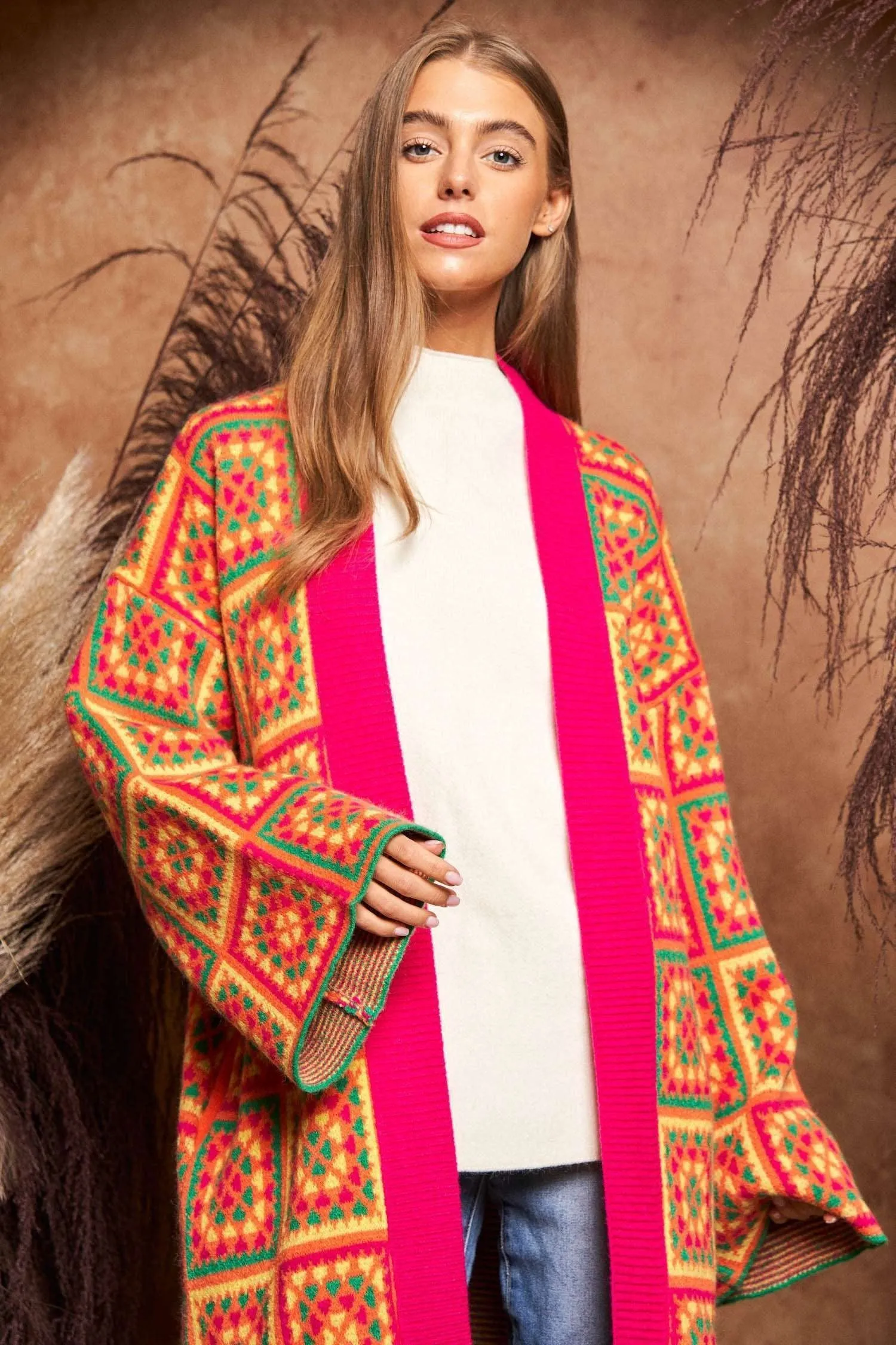 Davi & Dani Granny Square Open Front Long Cardigan in Neon Multi