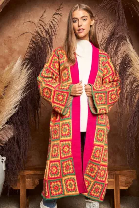 Davi & Dani Granny Square Open Front Long Cardigan in Neon Multi