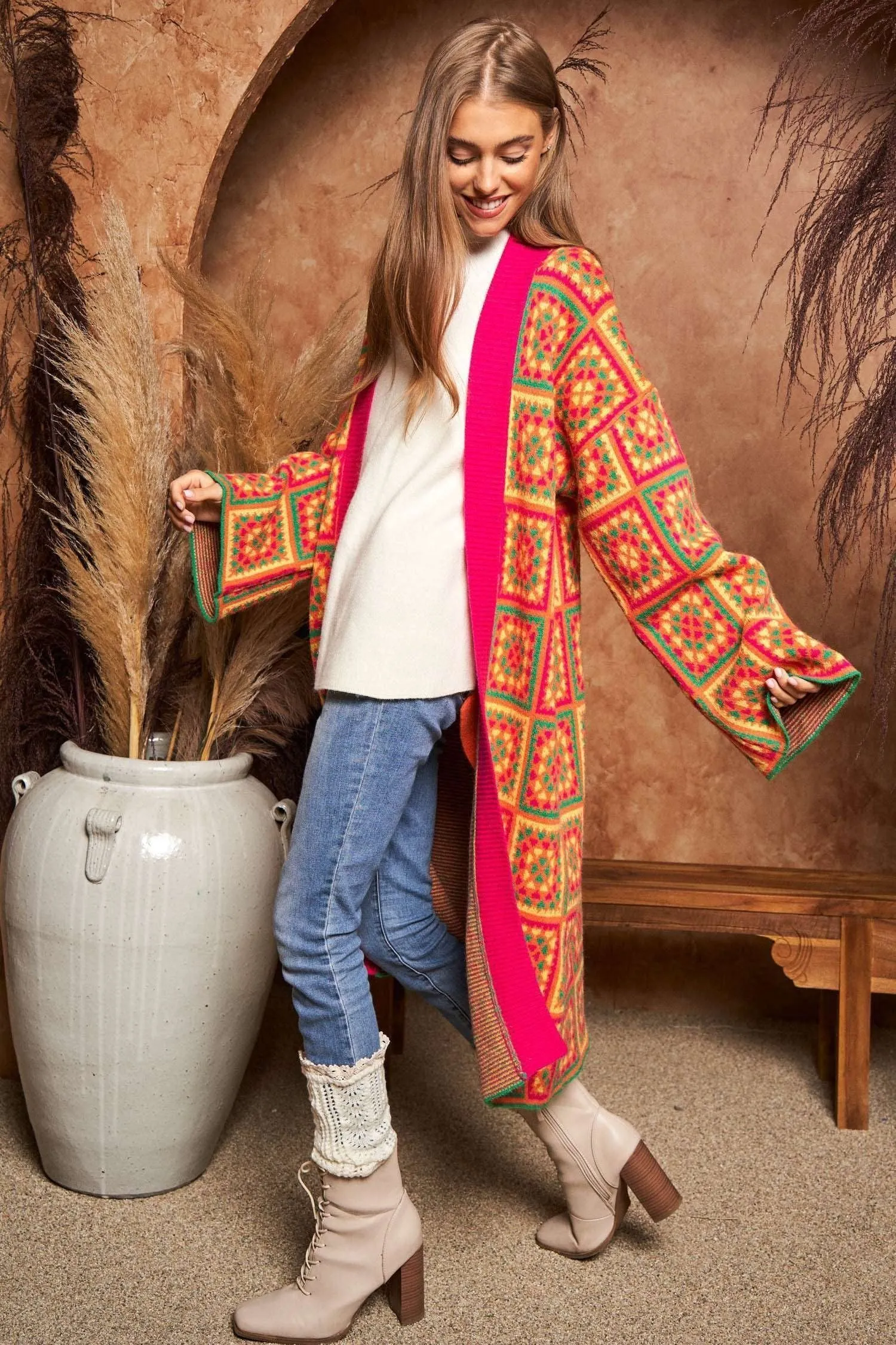 Davi & Dani Granny Square Open Front Long Cardigan in Neon Multi