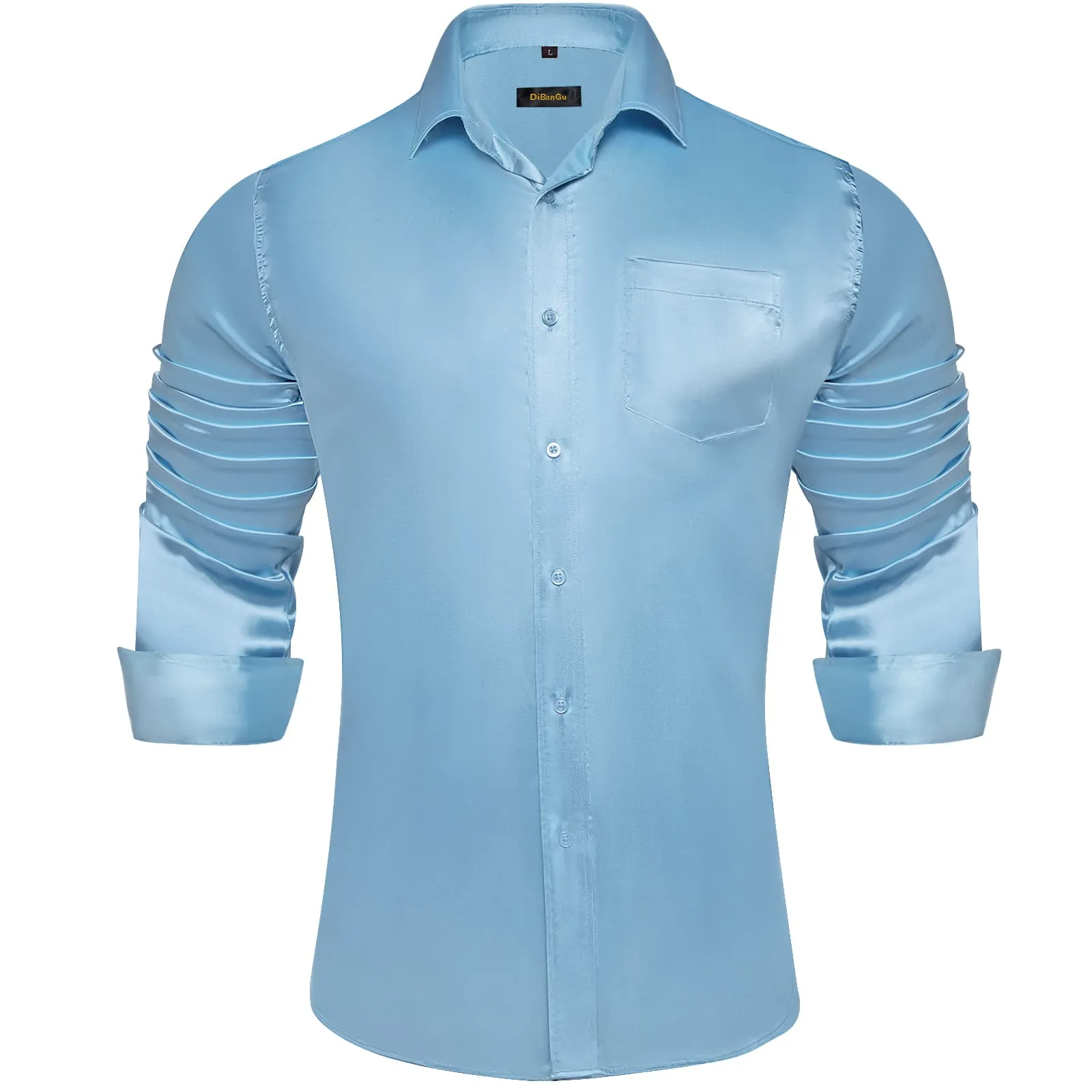 DiBanGu Long Sleeve Shirt Arctic Blue Solid Silk Satin Mens Dress Shirt