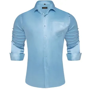 DiBanGu Long Sleeve Shirt Arctic Blue Solid Silk Satin Mens Dress Shirt