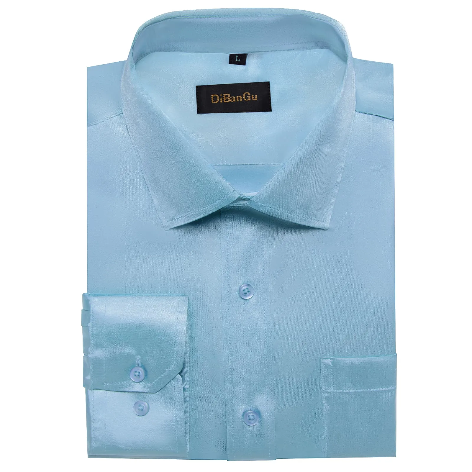 DiBanGu Long Sleeve Shirt Arctic Blue Solid Silk Satin Mens Dress Shirt