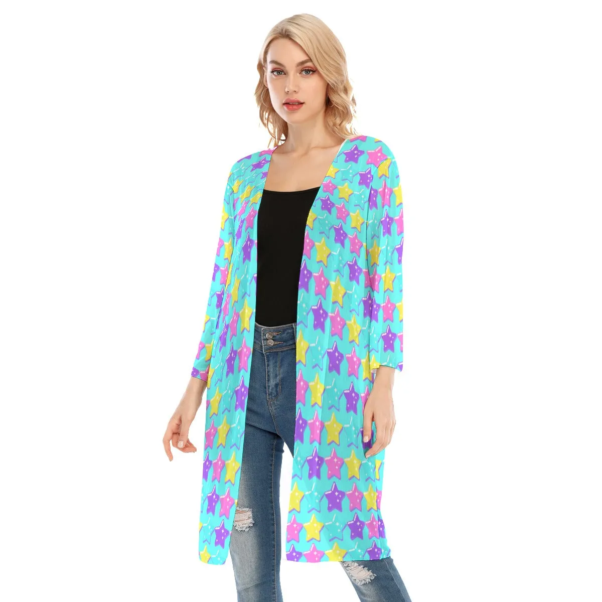 Electric Star Wave Blue V-neck Mesh Cardigan