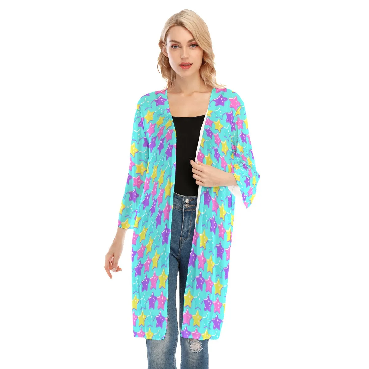 Electric Star Wave Blue V-neck Mesh Cardigan