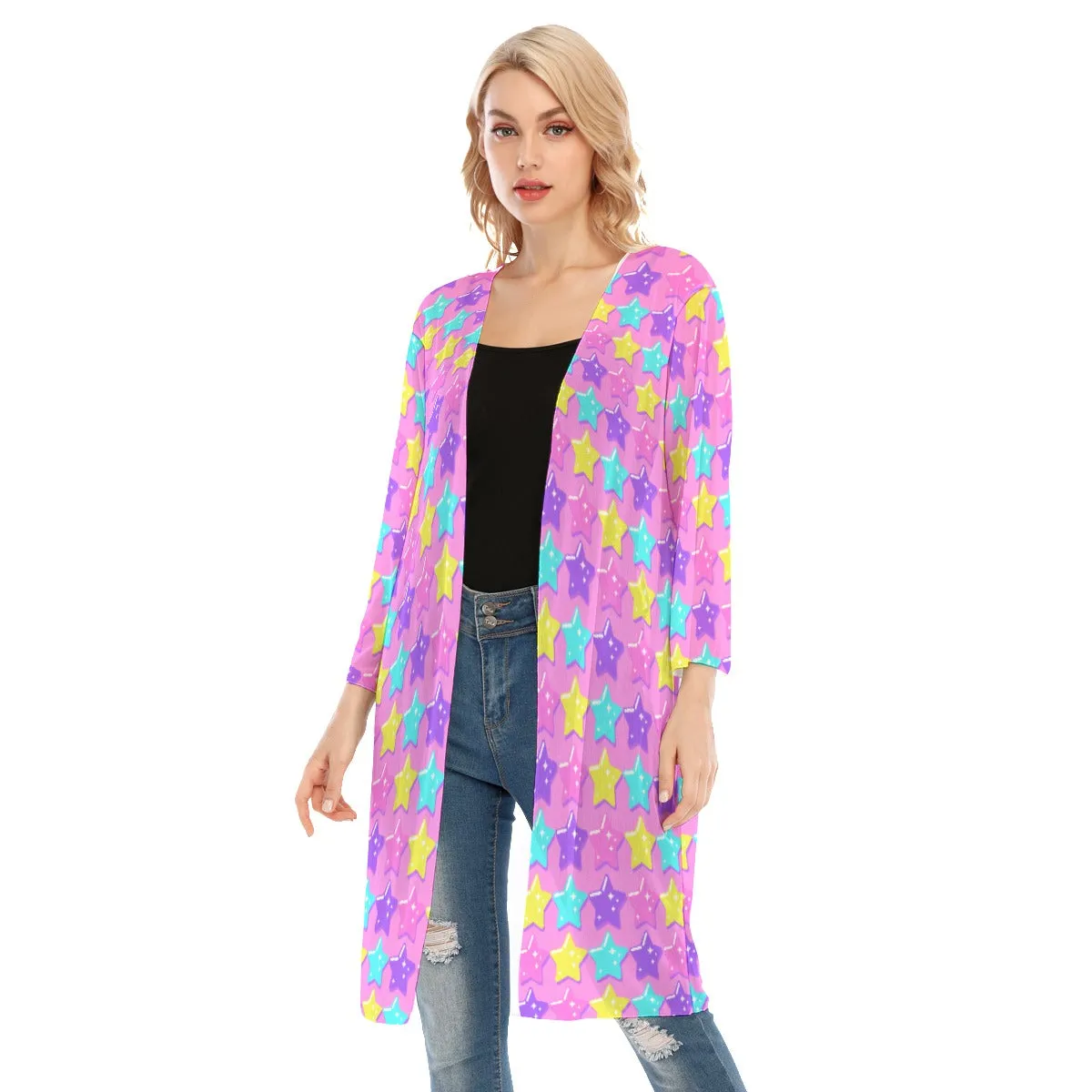 Electric Star Wave Pink V-neck Mesh Cardigan