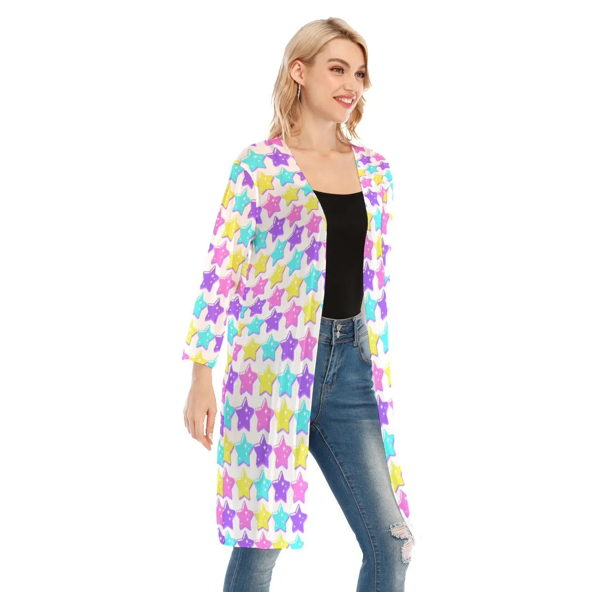 Electric Star Wave White V-neck Mesh Cardigan