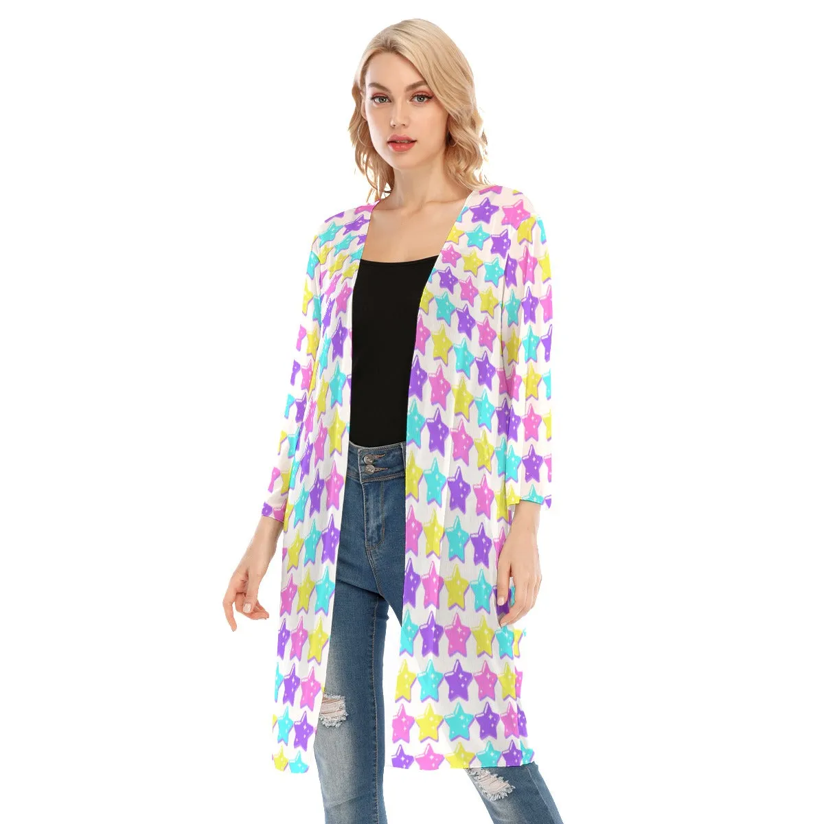 Electric Star Wave White V-neck Mesh Cardigan